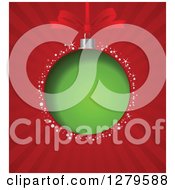 Clipart Of A Green Christmas Bauble And Bow Suspended Over Red Rays And Sparkles Royalty Free Vector Illustration by Pushkin