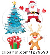 Poster, Art Print Of Christmas Tree Santa Claus Gift And Waving Reindeer