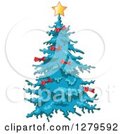 Poster, Art Print Of Blue Christmas Tree With Red Bows And A Star