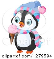 Cute Winter Penguin Wearing A Hat And Scarf And Eating A Waffle Ice Cream Cone