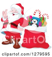 Poster, Art Print Of Jolly Christmas Santa Claus Giving A Thumb Up By A Sack Full Of Gifts