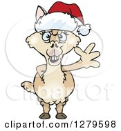 Clipart Of A Friendly Waving Alpaca Wearing A Christmas Santa Hat Royalty Free Vector Illustration