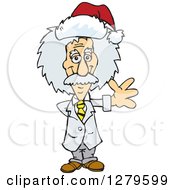 Poster, Art Print Of Friendly Waving Scientist Albert Einstein Wearing A Christmas Santa Hat