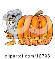 Garbage Can Mascot Cartoon Character With A Carved Halloween Pumpkin