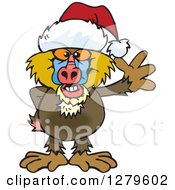 Friendly Waving Baboon Wearing A Christmas Santa Hat