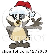 Poster, Art Print Of Friendly Waving Honey Badger Wearing A Christmas Santa Hat