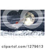 Poster, Art Print Of 3d Santa Flying His Magic Sleigh Over A Full Moon And Snowy Mountains