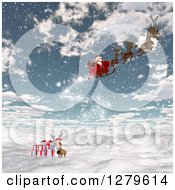 Poster, Art Print Of 3d Santa Flying His Magic Sleigh Over A Reindeer With Gifts On A Snowy Mountain