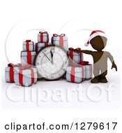 Poster, Art Print Of 3d Brown Man Wearing A Santa Hat By A Giant New Year Clock And Gifts