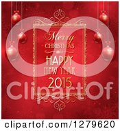 Clipart Of A Merry Christmas And A Happy New Year Greeting In A Gold Frame With Suspended 3d Baubles On Red Snowflakes And Bokeh Royalty Free Vector Illustration