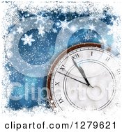 Clipart Of A 3d New Year Count Down Wall Clock Approaching Midnight Over Blue Bokeh In A Frame Of Snowflakes Royalty Free Illustration