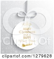 Poster, Art Print Of Suspended White Paper Merry Christmas And A Happy New Year Greeting With Santa Over Silver Snowflakes