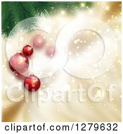 Poster, Art Print Of Christmas Background Of 3d Suspended Red Ornaments On Branches Over Magic Gold Sparkles