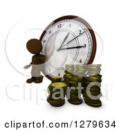 Poster, Art Print Of 3d Brown Man Leaning Against A Clock By Stacks Of Money Coins Time Is Money
