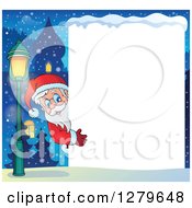 Clipart Of Santa Claus Looking Around A Blank White Sign Over A Winter Village At Night Royalty Free Vector Illustration