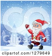 Clipart Of Santa Claus Walking And Waving In A Winter Village Royalty Free Vector Illustration