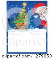 Poster, Art Print Of Santa Claus Peeking Over A Blank Christmas Sign With A Tree In A Sleigh In The Snow