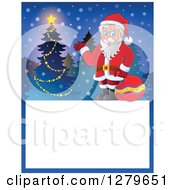 Poster, Art Print Of Santa Claus Waving By A Tree Over A Blank Christmas Sign In The Snow