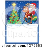 Poster, Art Print Of Santa Claus And Rudolph By A Christmas Tree Over A Blank Sign In The Snow