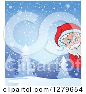 Clipart Of Santa Claus Peeking Around A Snowy Winter Forest Landscape Royalty Free Vector Illustration
