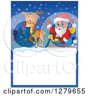 Poster, Art Print Of Santa Claus And Rudolph Pulling A Sleigh Over A Blank Christmas Sign In The Snow