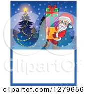Poster, Art Print Of Santa Claus Carrying Gifts By A Tree Over A Blank Christmas Sign In The Snow