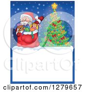 Poster, Art Print Of Santa Claus Waving With A Sack Over A Blank Christmas Sign With A Tree In The Snow