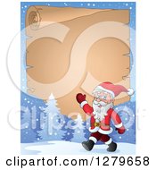 Poster, Art Print Of Santa Claus Walking And Waving In Front Of A Christmas Vintage Parchment Page Scroll In A Winter Landscape