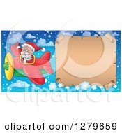 Poster, Art Print Of Santa Claus Flying An Aerial Christmas Parchment Page Scroll Banner In A Winter Sky