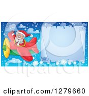 Poster, Art Print Of Santa Claus Flying A Frozen Aerial Christmas Parchment Page Scroll Banner In A Winter Sky