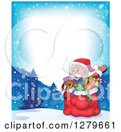 Clipart Of Santa Claus Waving Behind A Full Sack Of Gifts And Toys Over A Border Of A Winter Landscape Royalty Free Vector Illustration