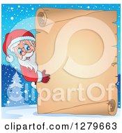 Poster, Art Print Of Santa Claus Looking Around A Christmas Vintage Parchment Page Scroll In A Winter Background