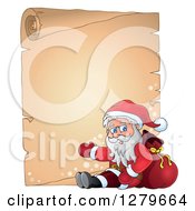 Clipart Of Santa Claus Sitting And Waving In Front Of A Christmas Vintage Parchment Page Scroll Royalty Free Vector Illustration