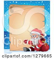 Poster, Art Print Of Santa Claus Sitting And Waving In Front Of A Christmas Vintage Parchment Page Scroll In A Winter Landscape