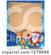Poster, Art Print Of Santa Claus And A Reindeer In Front Of A Christmas Vintage Parchment Page Scroll And Winter Landscape