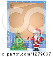 Clipart Of Santa Claus Presenting A Christmas Tree Over A Vintage Parchment Page Scroll In A Winter Landscape Royalty Free Vector Illustration
