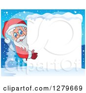 Poster, Art Print Of Santa Claus Looking Around A Blank White Sign Over A Winter Village At Night