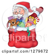 Poster, Art Print Of Santa Claus Waving Behind A Full Sack Of Gifts And Toys