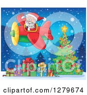 Poster, Art Print Of Santa Claus Waving And Flying A Plane Over A Christmas Tree And Gifts