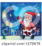 Poster, Art Print Of Santa Claus Walking And Waving In A Winter Village