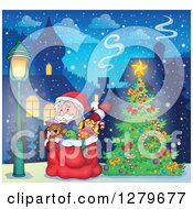 Clipart Of Santa Claus Waving Behind A Full Sack Next To A Christmas Tree In A Winter Village Royalty Free Vector Illustration by visekart