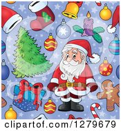 Poster, Art Print Of Seamless Christmas Background Pattern Of Santa Gifts Ornaments And Trees On Purple