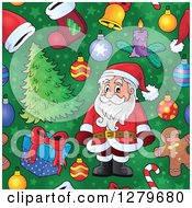 Poster, Art Print Of Seamless Christmas Background Pattern Of Santa Gifts Ornaments And Trees On Green