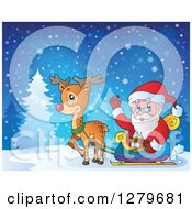 Poster, Art Print Of Santa Claus Waving And Riding In A Sleigh Pulled By Rudolph The Reindeer In A Winter Landscape