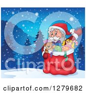Poster, Art Print Of Santa Claus Waving Behind A Full Sack Of Gifts And Toys Over A Border Of A Winter Landscape