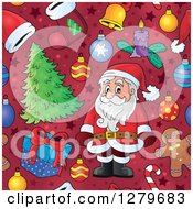 Poster, Art Print Of Seamless Christmas Background Pattern Of Santa Gifts Ornaments And Trees On Red