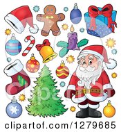 Poster, Art Print Of Black And White Santa Claus A Christmas Tree And Decorations