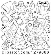 Poster, Art Print Of Black And White Santa Claus A Christmas Tree And Decorations