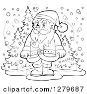 Poster, Art Print Of Black And White Santa Claus Standing In A Snowy Forest Winter Landscape