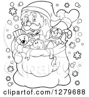 Poster, Art Print Of Black And White Santa Claus Waving Behind A Full Sack Of Gifts And Toys